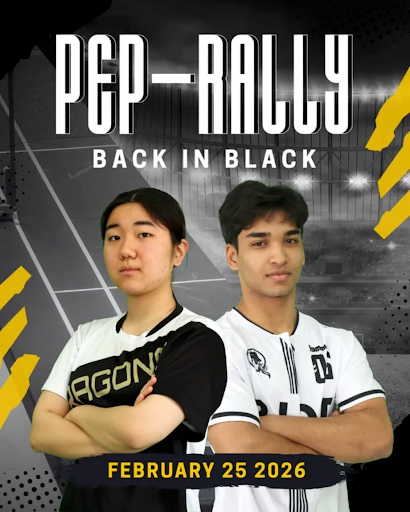 Pep rally poster depicting two figures cross-armed with the date February 25 2026